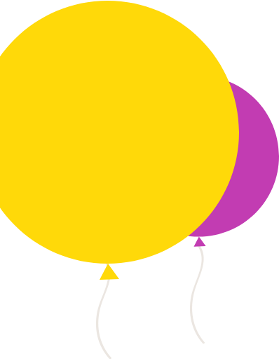 This photo contains two balloons in it - they are solid color, white background, one balloon is yellow, and there is a purple balloon peeking out from the background of the yellow one so you can only see a little piece of it