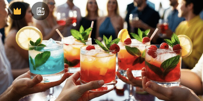 Colorful mocktail beverages being held up by a group of ladies and men in a "cheers" motion. Vibrant colors, topped with fruits and deorative accents. There are people in the background that don't really show in the image because it's cropped, but the full-size image does show people in the background dressed in a nice attire pretty much blurred out so you can't really see their features or anything. The cups are the main focus the glasses they are up close so you can see the peoples hands holding them that's the main focus of the photo.