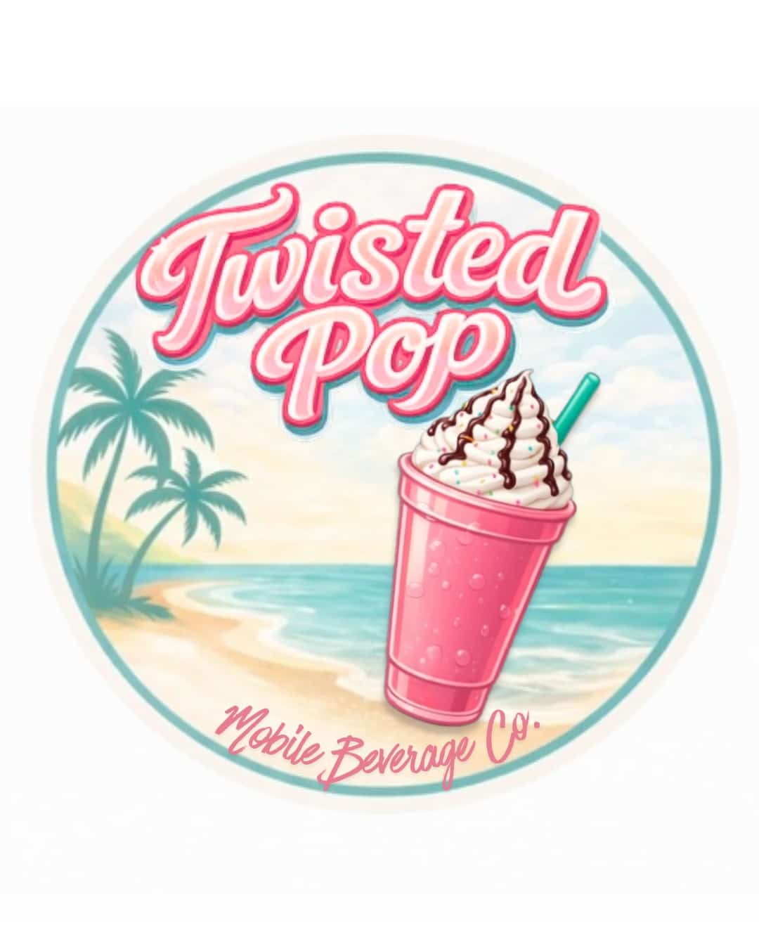 This image is the twisted pop logo. It is a round sticker logo that says twisted pop mobile beverage Co. the colors are very vibrant and summery. The colors of the label are very vibrant, bubblegum, pink minty, blue yellow green. There is a cup with a drink on it set on the sand next to the ocean. There are palm trees to the left of the cup. The cup is topped with a lemon slice and a straw and a mint leaf.